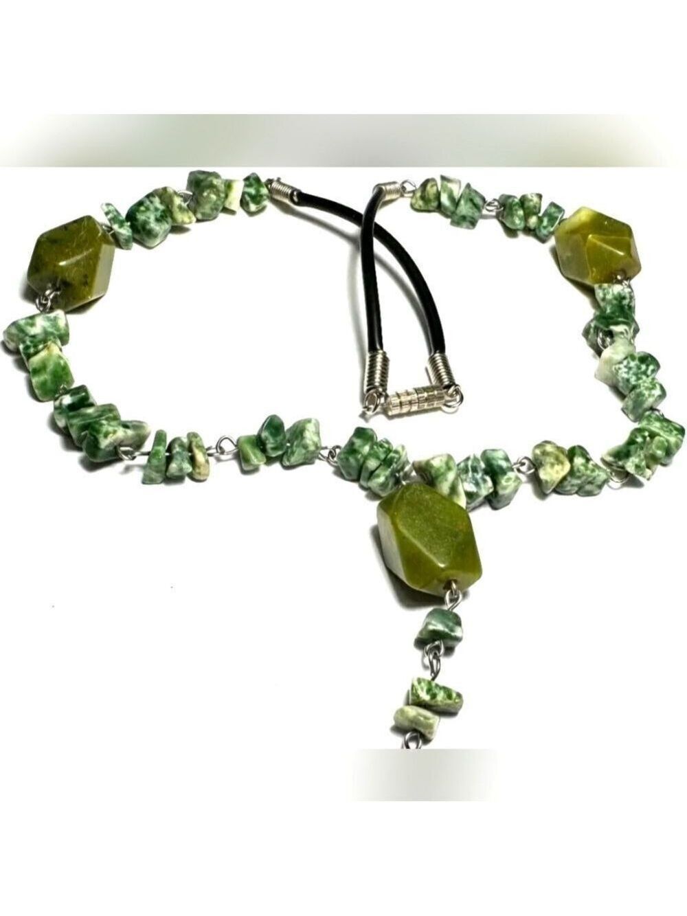 VintageNecklace Glass Bead Rock Stone Agate Sage Olive Green Dangle 16"